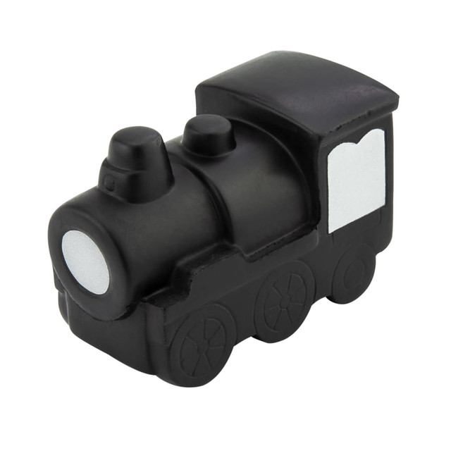 A black rubber stress toy shaped like a steam train with two smokestacks and detailed wheels.