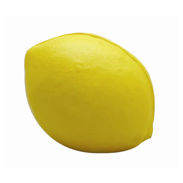 A bright yellow stress lemon with a smooth texture and rounded shape. It includes a logo on the surface.