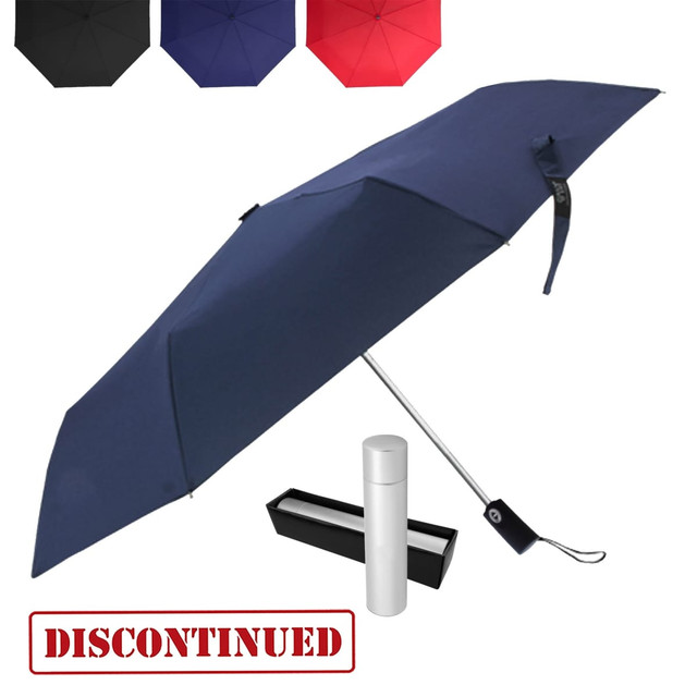 A navy umbrella with a silver handle and a storage case. Features a logo on the canopy.