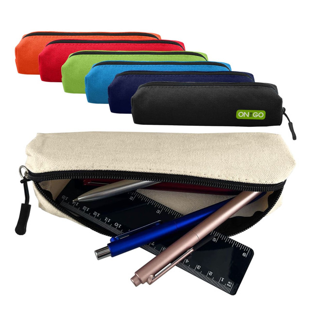 A canvas tube pencil case in multiple colours, open with stationery items visible inside, including pens and a ruler.