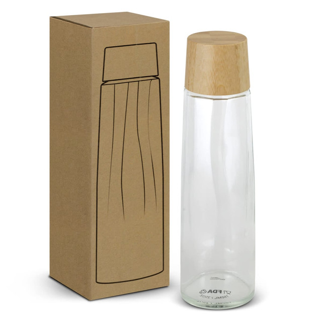 A drink bottle in clear glass with a wooden lid, displayed beside a brown packaging box. A drink bottle in clear glass with a wooden lid, displayed beside a brown packaging box.