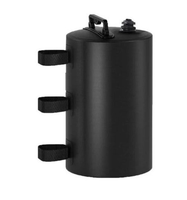 A drink bottle in black, featuring three straps and a secure cap. It has a simple cylindrical design.