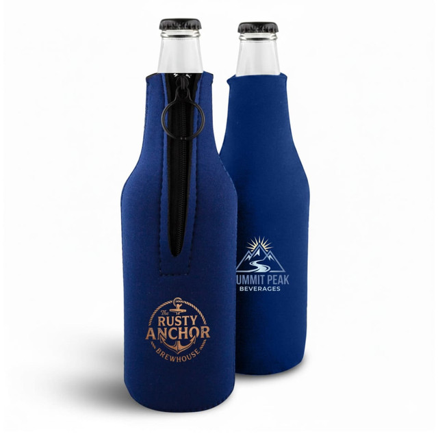 A drink bottle holder in navy blue neoprene, featuring two bottles with logos and a zippered design.