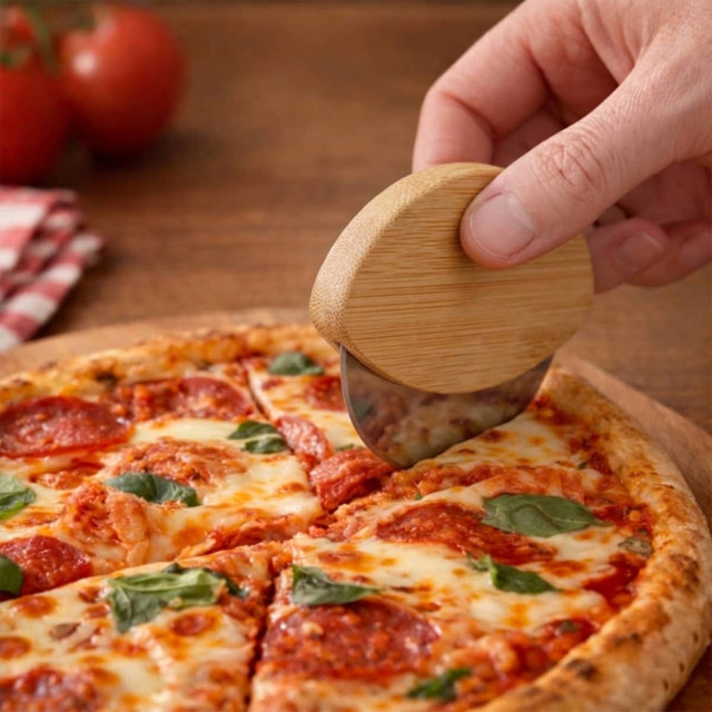A bamboo pizza cutter is slicing through a pepperoni pizza on a wooden table, with tomatoes in the background.