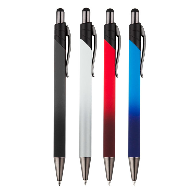 A set of four metal stylus pens in black, white, red, and blue gradient, featuring sleek designs and clip attachments.