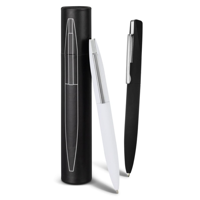 A metal pen set featuring a black pen, a white pen, and a sleek black storage tube. Each pen has a silver accent. A metal pen set featuring a black pen, a white pen, and a sleek black storage tube. Each pen has a silver accent.