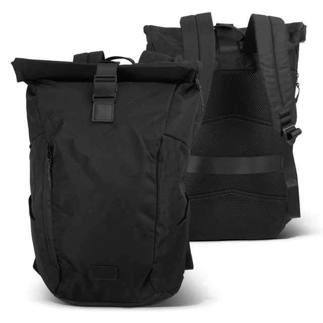 A black roll-up backpack featuring adjustable straps, a front zip pocket, and a textured back panel for comfort.