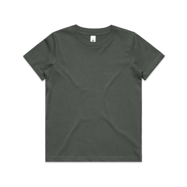 A dark green youth t-shirt with a classic crew neck and a minimalist design. It features a label inside.