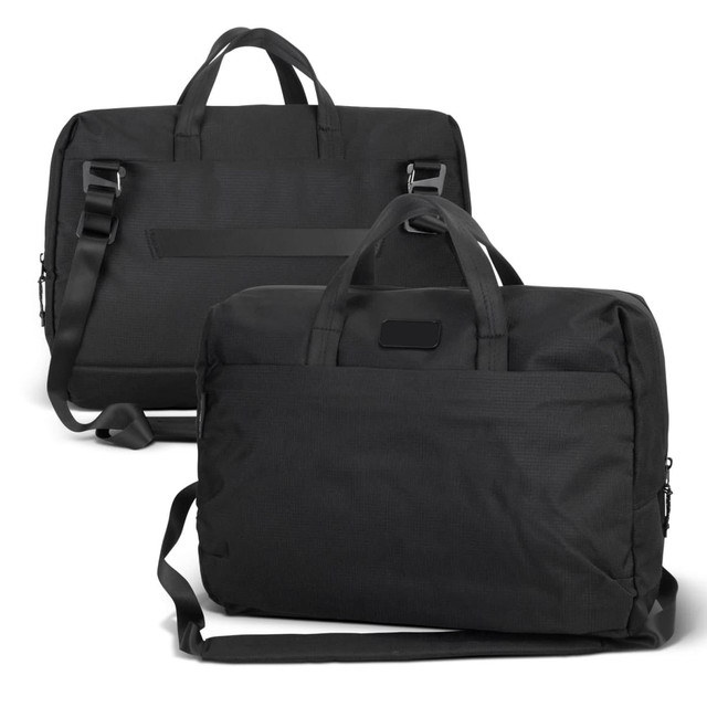 A black laptop bag featuring multiple handles, a shoulder strap, and a logo on the front.