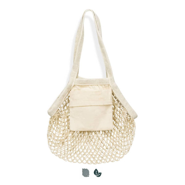 A small cotton mesh tote bag in beige with a solid pocket, featuring a simple design and a shoulder strap.