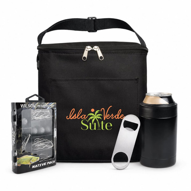 A black cooler bag with a logo, alongside a fishing lure pack, a bottle opener, and a can.