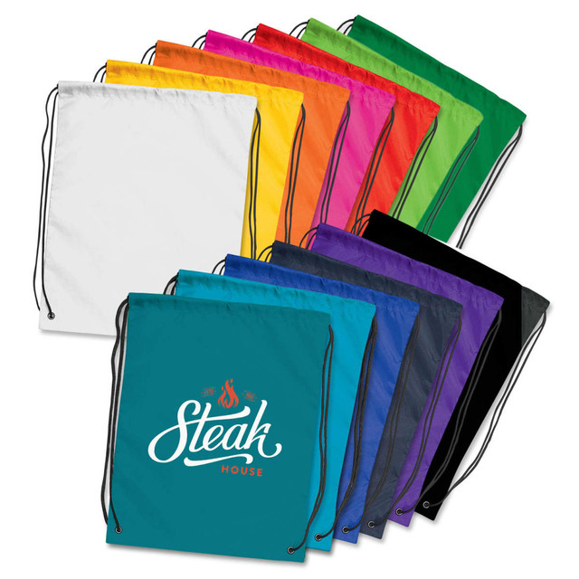 A collection of brightly coloured drawstring backpacks in various shades, including white, yellow, pink, and teal, each with a logo.