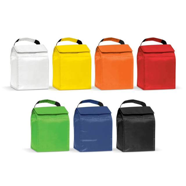 A collection of cooler bags in white, yellow, orange, red, green, blue, and black, featuring handles and a logo.
