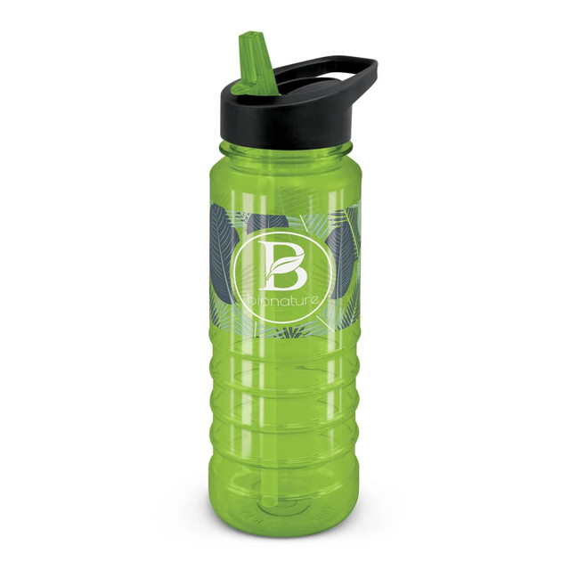 A drink bottle in bright green with a black lid, featuring a design and a logo.