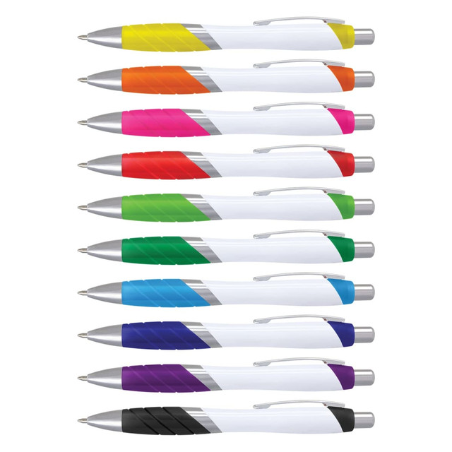 A collection of plastic pens with white barrels and various vibrant grip colours, including yellow, orange, pink, and purple.