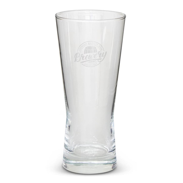 A clear glass beer glass with an imitation etch design and a round base. It features a logo.