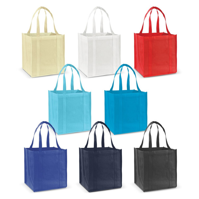 A collection of eight tote bags in various colours: yellow, white, blue, red, light blue, dark blue, and black. Each has handles and a logo.