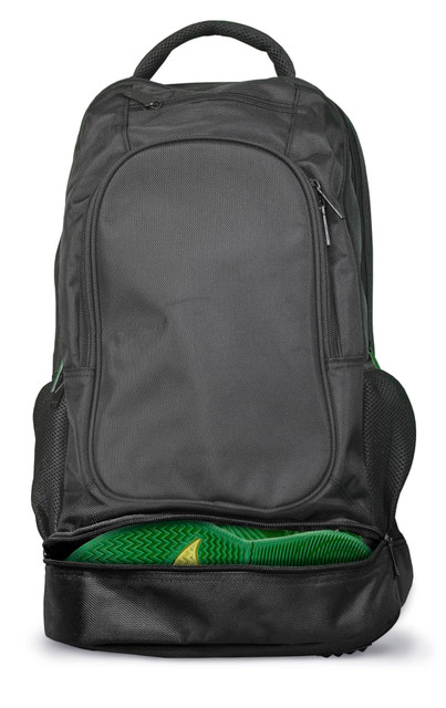 A black backpack with a spacious main compartment and green accents, featuring mesh side pockets and a handle.