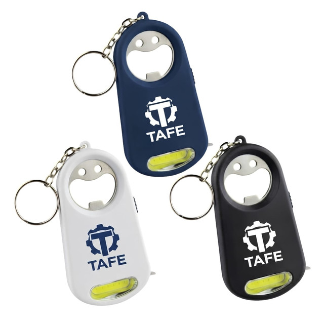 A drink bottle opener key ring in navy blue, white, and black, with a small light and a logo.