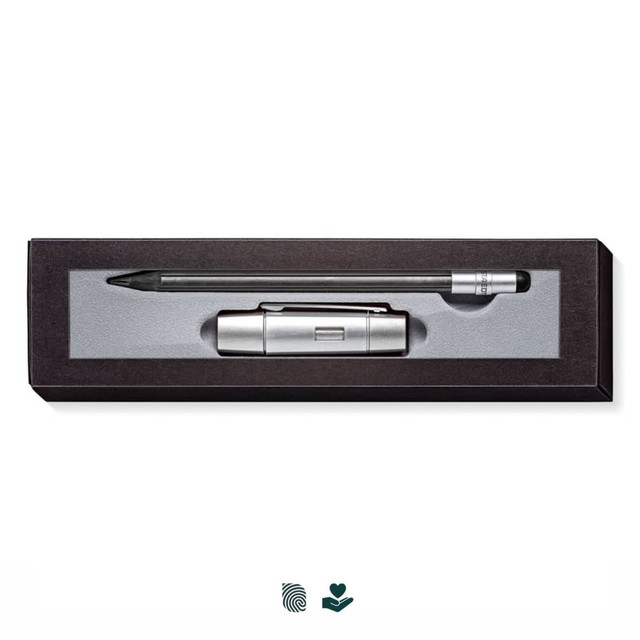 A sleek pencil set in a grey presentation box, featuring a black pencil and a silver accessory.