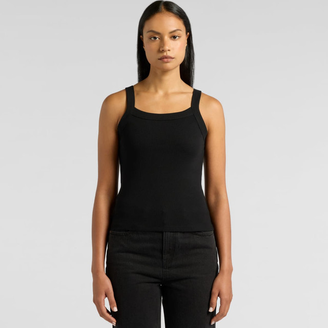 A black collegiate tank top with a square neckline and a fitted design. The model stands against a plain background.