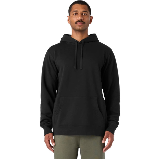 A man wearing a black hoodie with a front pocket and drawstring hood. The hoodie features a logo.