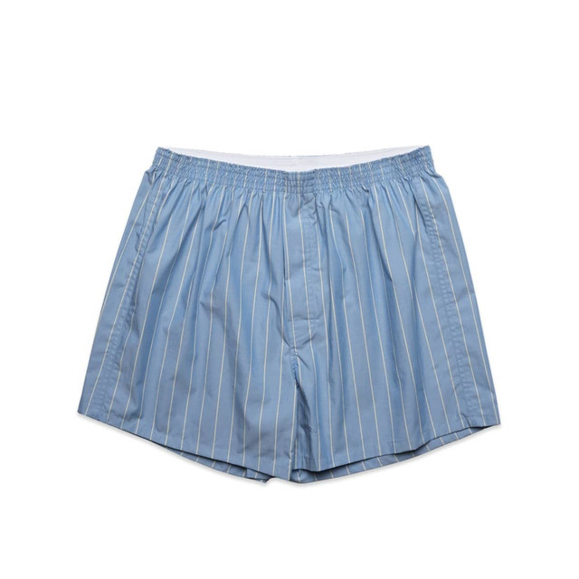 Light blue shorts with fine white stripes, featuring an elastic waistband and a logo. Suitable for casual wear.