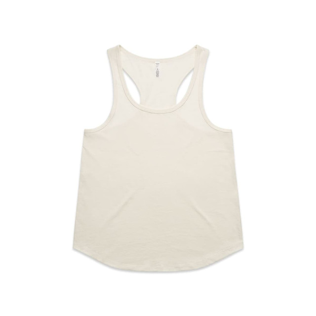 A cream-coloured racerback tank top with a rounded hem and a logo on the label.