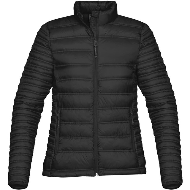 A women's thermal puffer jacket in black with a zip front and side pockets, featuring a logo on the chest.