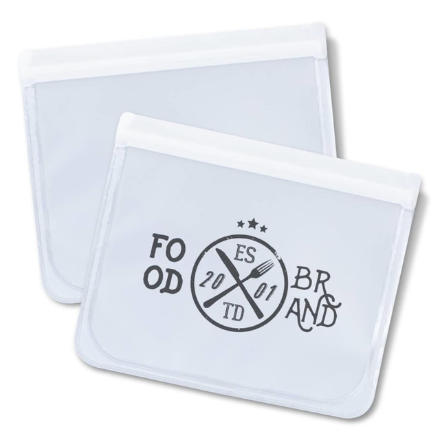 A transparent reusable pouch with a white seal, featuring a logo and design elements in black.
