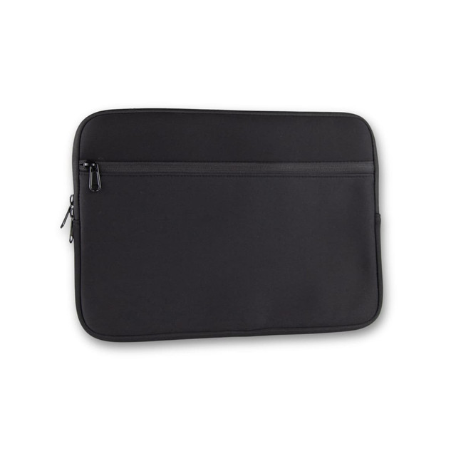 A black neoprene laptop sleeve for a 14-inch laptop, featuring a zippered pocket on the front.