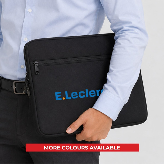 A black neoprene laptop sleeve designed for 16-inch laptops, featuring a logo and a zip closure.