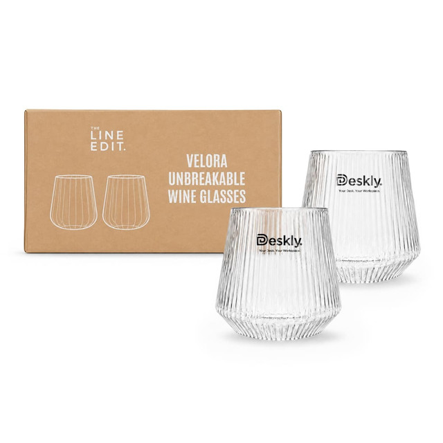 A drink bottle featuring two unbreakable wine glasses in clear with a ribbed design, accompanied by branded packaging.