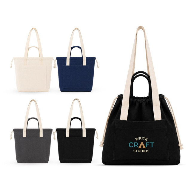A collection of Darby Tote Bags in cream, navy, grey, and black, featuring a drawstring closure and a logo.