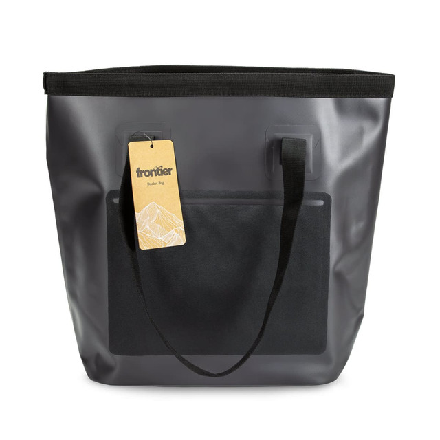 A black and grey waterproof bucket bag with a tag, featuring two handles and a front pocket.