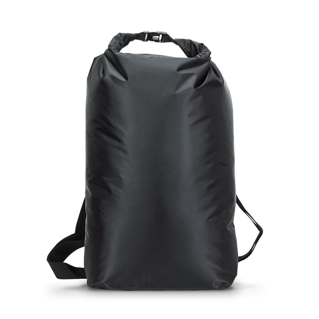 A black 20L dry bag with adjustable shoulder straps and a secure roll-top closure. It features a logo.