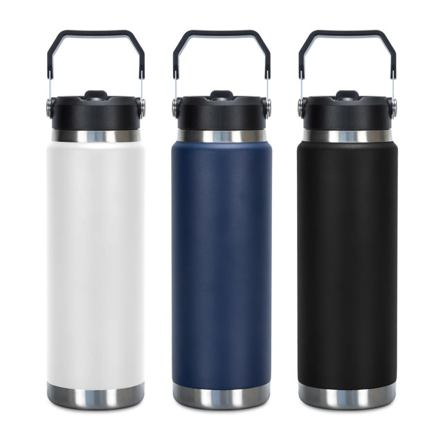 A drink bottle featuring three colours: white, navy blue, and black, with a stainless steel base and a handle.