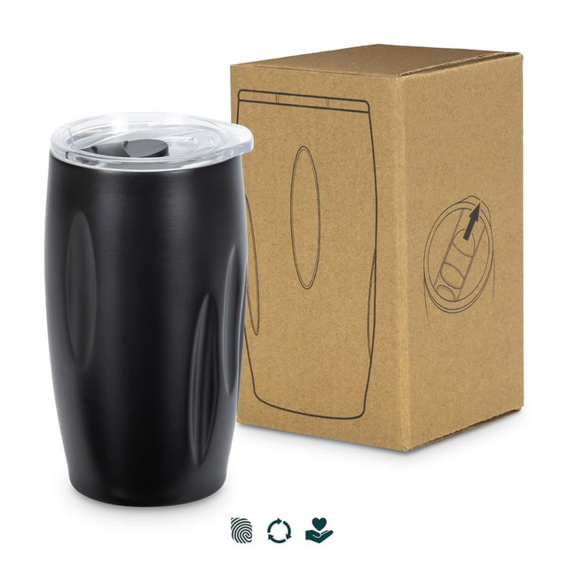 A drink bottle in matte black with a clear lid, accompanied by a plain cardboard box. It features a logo.