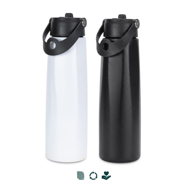 A drink bottle set featuring one white and one black bottle with a secure lid and a carrying handle.