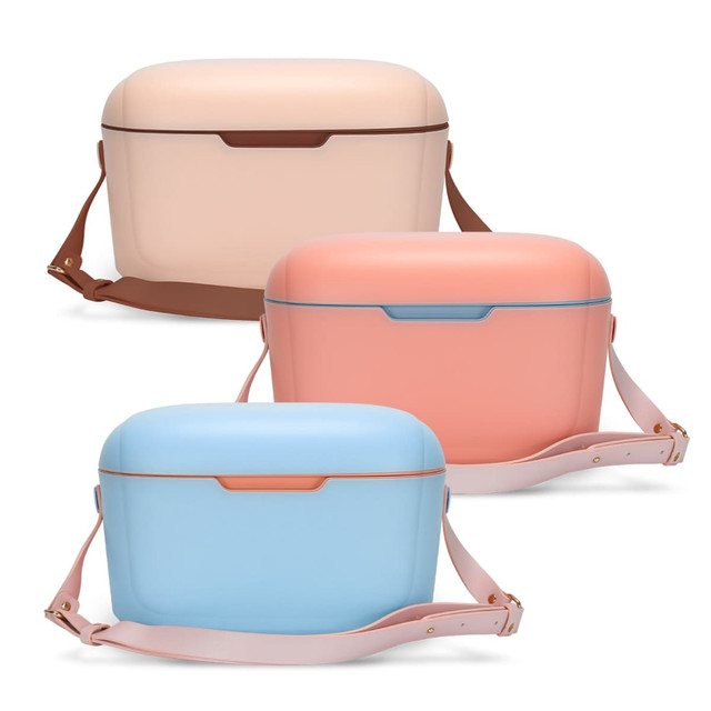 A set of three Daisy Coolers in pastel pink, peach, and light blue, each with a shoulder strap and a secure lid.
