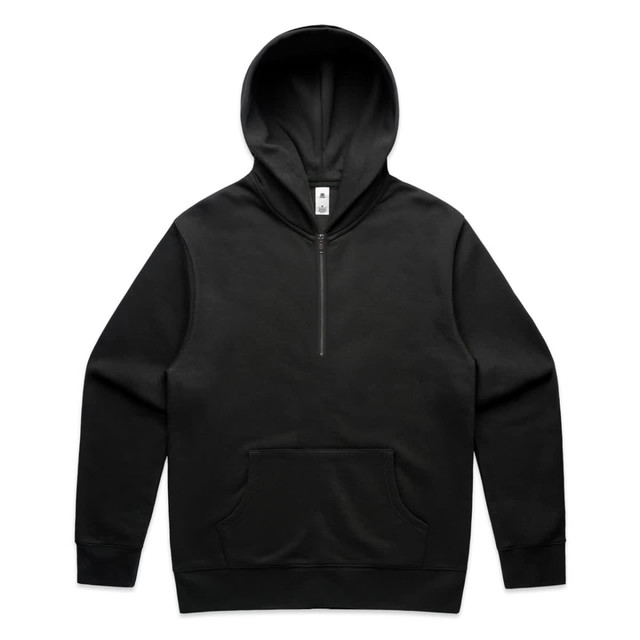 A black half-zip hooded sweatshirt with a front pocket and a logo on the label.