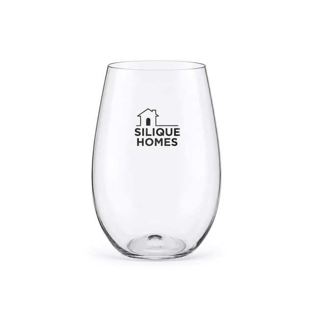 A drink bottle with a clear, curved design and a logo featuring a house silhouette.