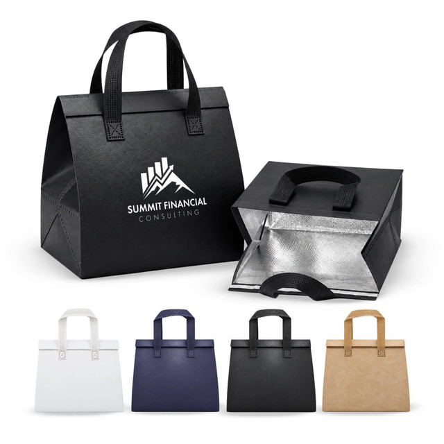 A black cooler bag with a silver interior and matching handles; additional bags are shown in white, navy, and tan.