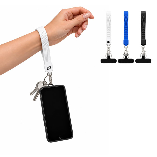 A wrist keytag in white, blue, black, and a tactile phone holder, with keys attached, displayed on a hand.