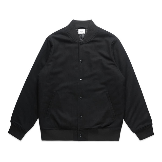A black felt bomber jacket featuring a button-up front and side pockets. The jacket has a branded label inside.