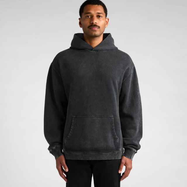 A dark grey hoodie with a front pocket and a hood, styled in a relaxed fit. Features a logo on the garment.
