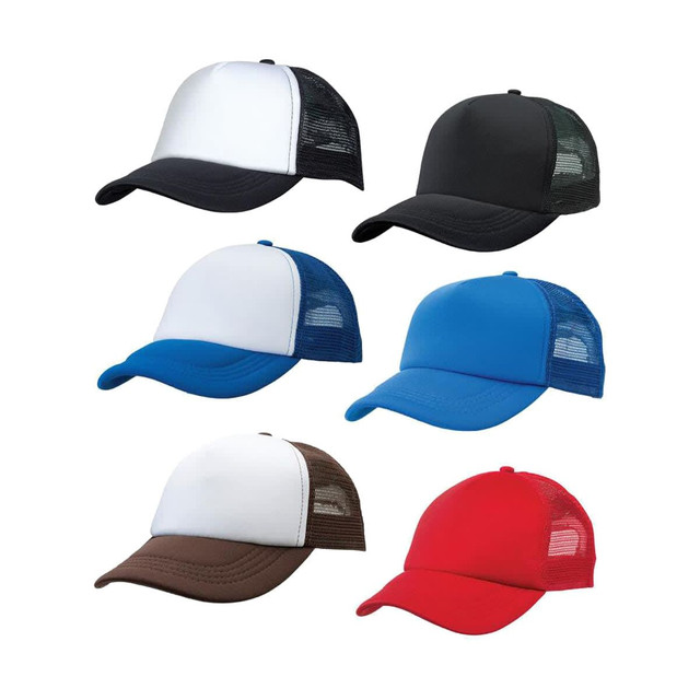 A collection of kids' trucker caps in black, white, blue, brown, and red, featuring mesh panels and logos.