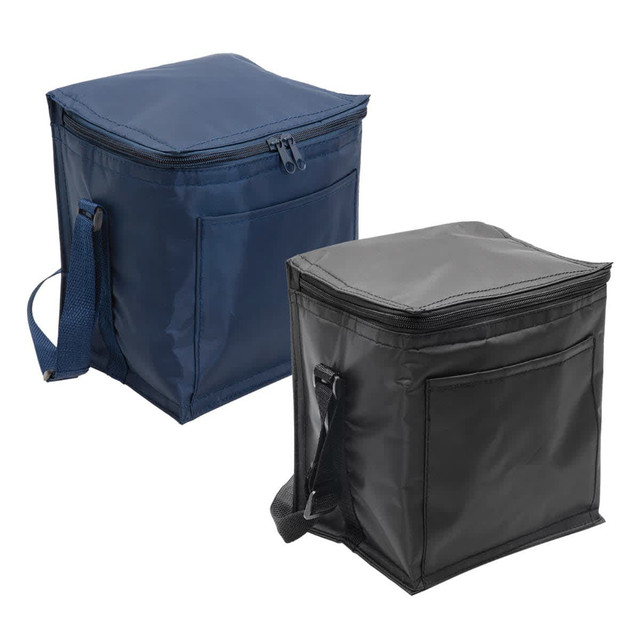 Two small cooler bags in navy blue and black, featuring zip closures and an external pocket. Each has an adjustable strap.
