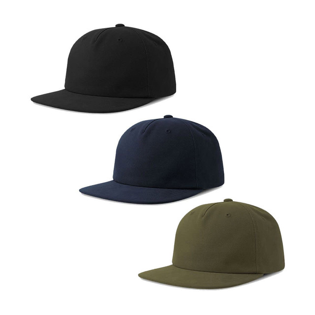A cap featuring a flat brim in black, navy, and olive green, with a logo on the front. A cap featuring a flat brim in black, navy, and olive green, with a logo on the front.
