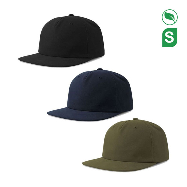 A collection of three caps in black, navy, and olive green, featuring a logo on each.
